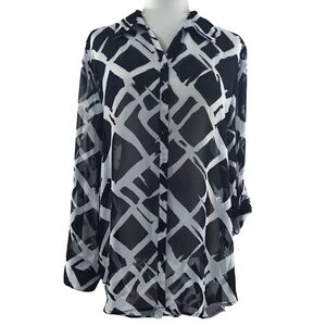 Chico's Black White Exploded Squares Abstract Geo Sheer Roll Tab Sleeve Blouse